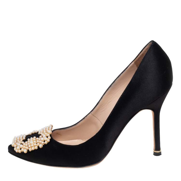 Pre Owned Manolo Blahnik Black  Satin Hangisi Pumps Size 36.5
