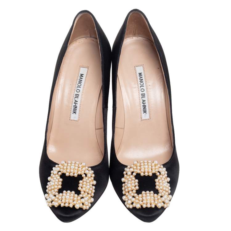 Pre Owned Manolo Blahnik Black  Satin Hangisi Pumps Size 36.5