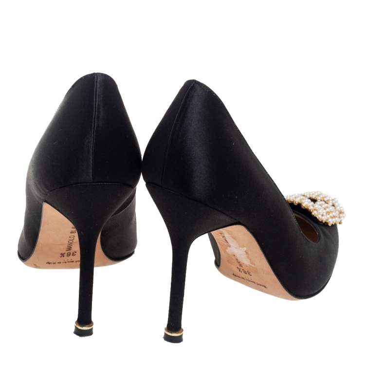 Pre Owned Manolo Blahnik Black  Satin Hangisi Pumps Size 36.5