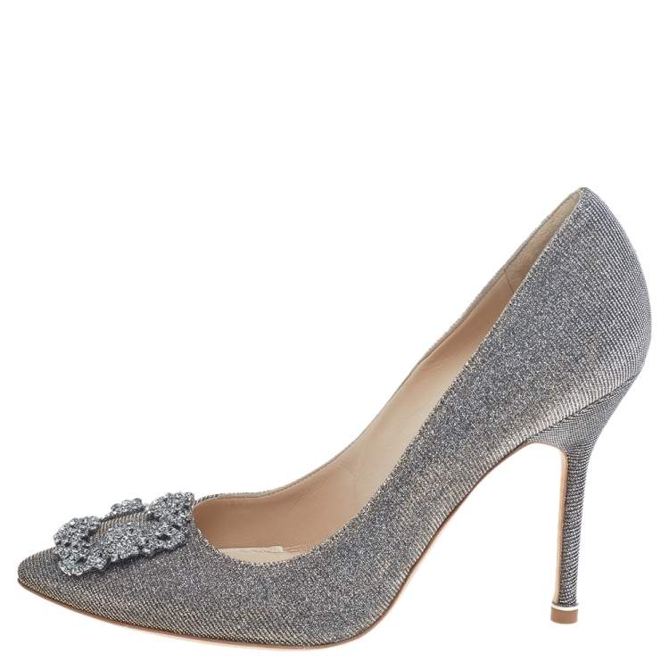 Pre Owned Manolo Blahnik Multicolor Glitter Fabric Hangisi Crystal Embellished Pumps Size 38