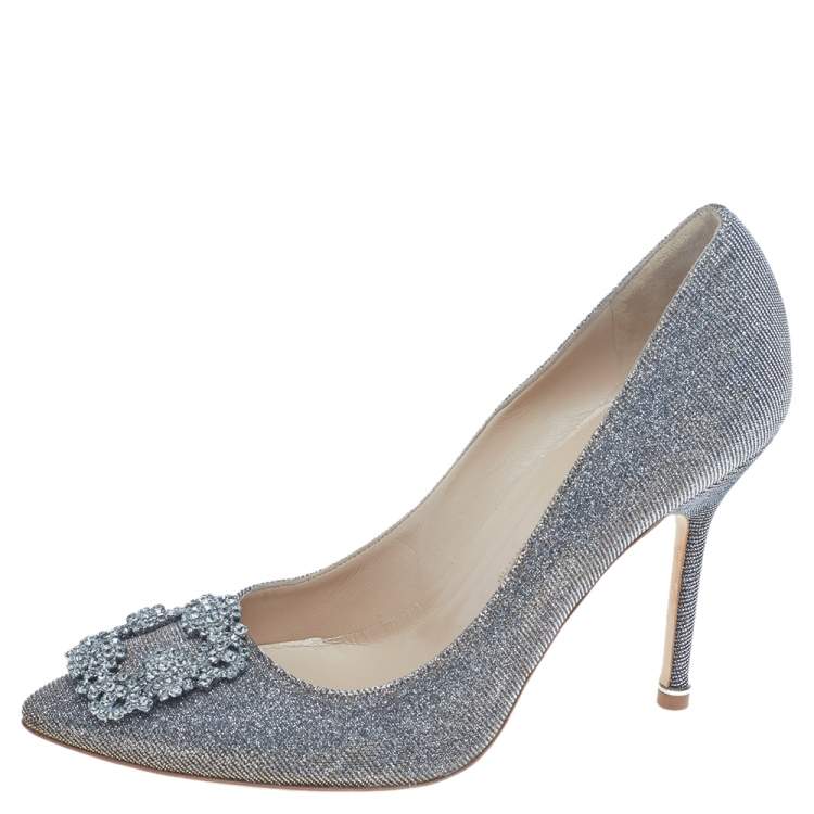 Pre Owned Manolo Blahnik Multicolor Glitter Fabric Hangisi Crystal Embellished Pumps Size 38