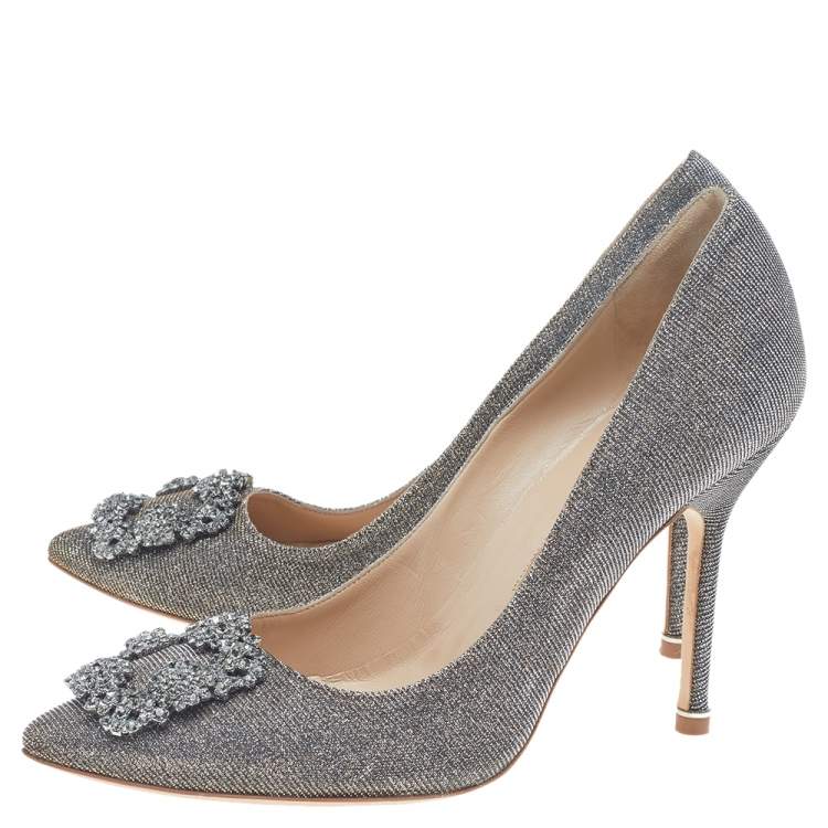 Pre Owned Manolo Blahnik Multicolor Glitter Fabric Hangisi Crystal Embellished Pumps Size 38