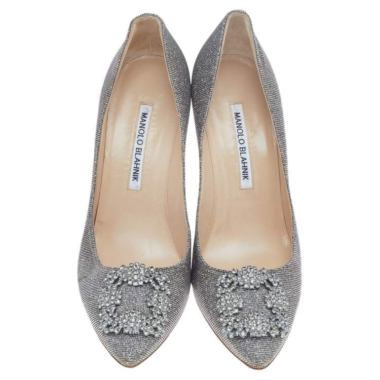 Pre Owned Manolo Blahnik Multicolor Glitter Fabric Hangisi Crystal Embellished Pumps Size 38