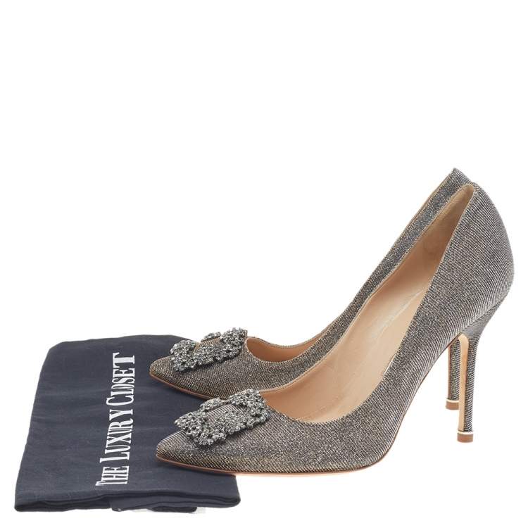 Pre Owned Manolo Blahnik Multicolor Glitter Fabric Hangisi Crystal Embellished Pumps Size 38