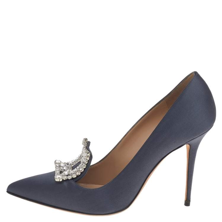 Pre Owned Manolo Blahnik Grey Satin Crystal Embellished Borlak Pumps Size 38.5