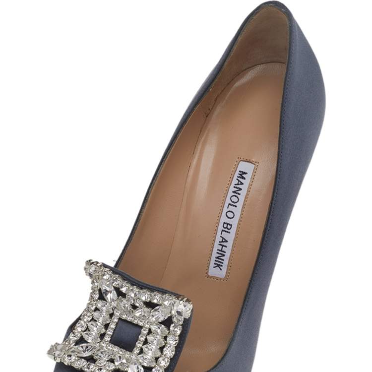 Pre Owned Manolo Blahnik Grey Satin Crystal Embellished Borlak Pumps Size 38.5