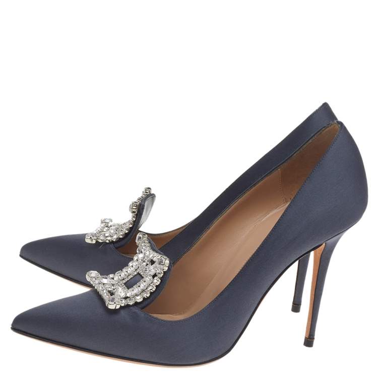 Pre Owned Manolo Blahnik Grey Satin Crystal Embellished Borlak Pumps Size 38.5