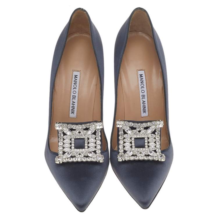 Pre Owned Manolo Blahnik Grey Satin Crystal Embellished Borlak Pumps Size 38.5