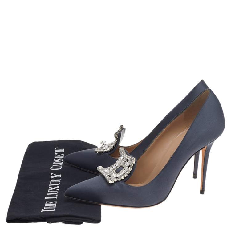 Pre Owned Manolo Blahnik Grey Satin Crystal Embellished Borlak Pumps Size 38.5