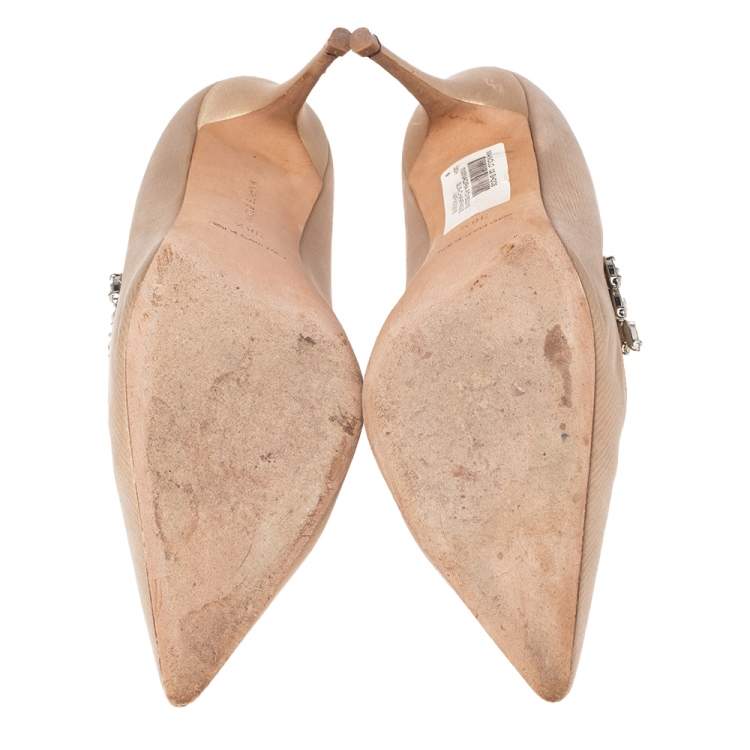 Pre Owned Manolo Blahnik Beige Satin Nadira Pumps Size 38.5