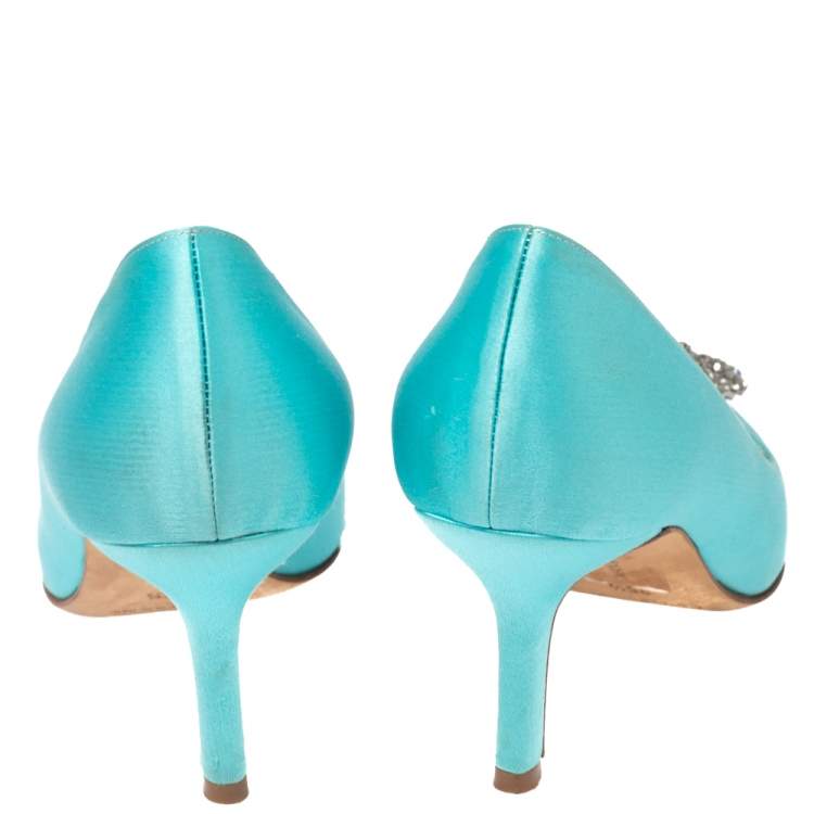 Pre Owned Manolo Blahnik Aqua Blue Satin Hangisi Embellished Pointed Toe Pumps Size 35.5