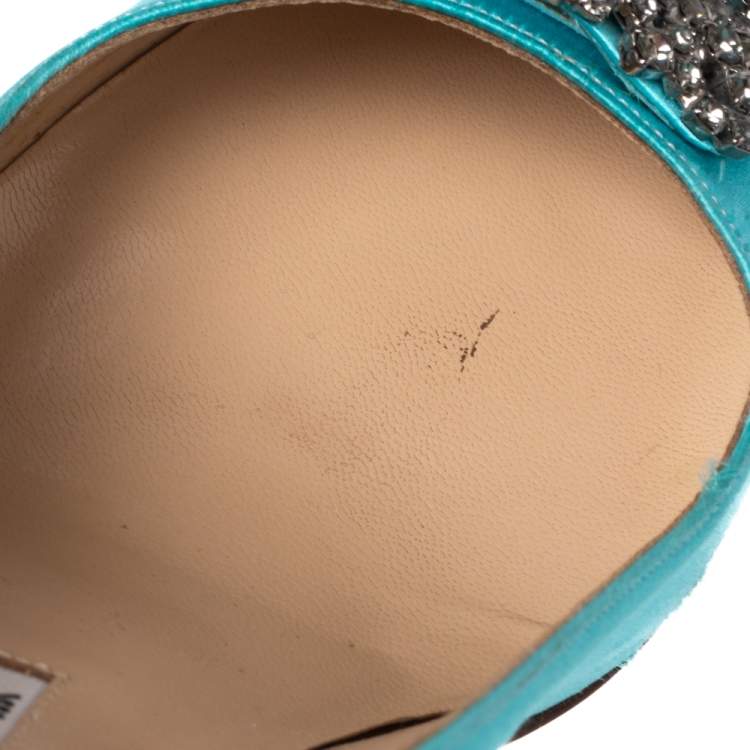 Pre Owned Manolo Blahnik Aqua Blue Satin Hangisi Embellished Pointed Toe Pumps Size 35.5