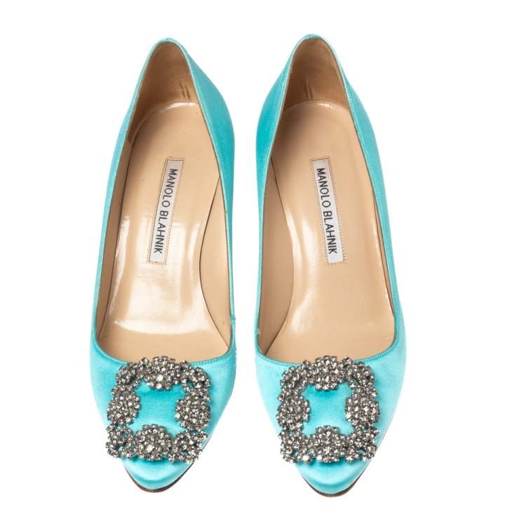 Pre Owned Manolo Blahnik Aqua Blue Satin Hangisi Embellished Pointed Toe Pumps Size 35.5