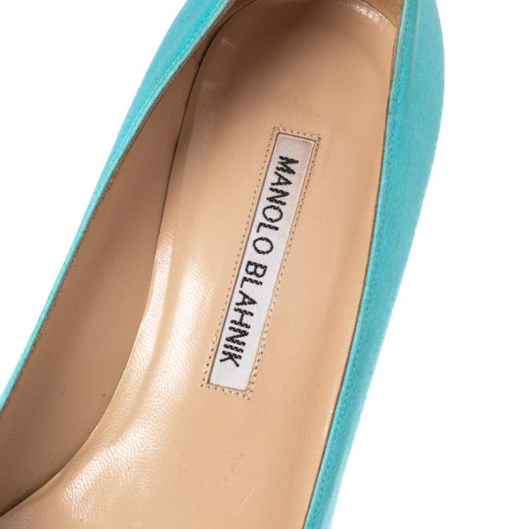 Pre Owned Manolo Blahnik Aqua Blue Satin Hangisi Embellished Pointed Toe Pumps Size 35.5