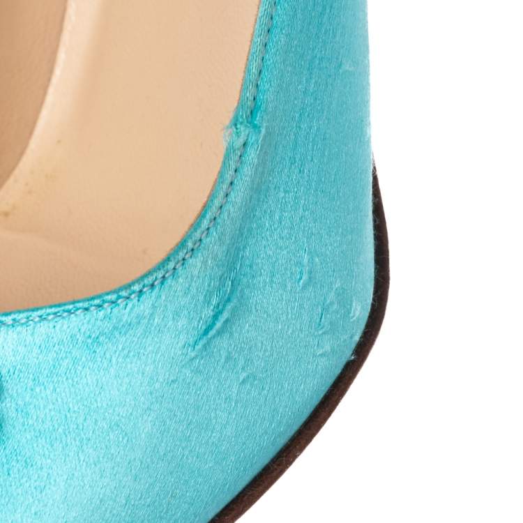 Pre Owned Manolo Blahnik Aqua Blue Satin Hangisi Embellished Pointed Toe Pumps Size 35.5