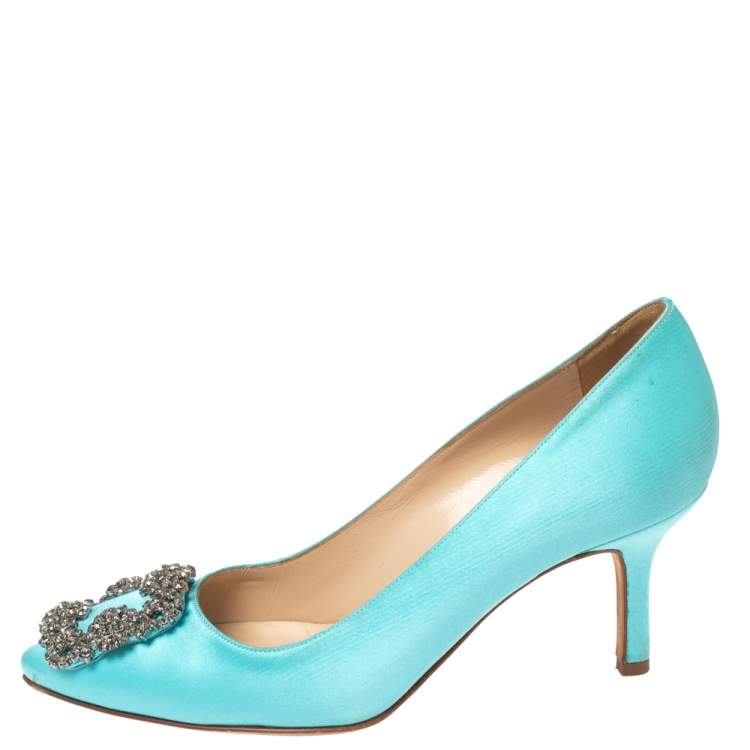 Pre Owned Manolo Blahnik Aqua Blue Satin Hangisi Embellished Pointed Toe Pumps Size 35.5