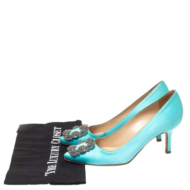 Pre Owned Manolo Blahnik Aqua Blue Satin Hangisi Embellished Pointed Toe Pumps Size 35.5