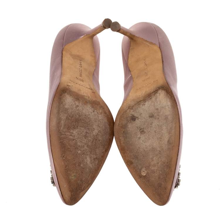 Pre Owned Manolo Blahnik Pink Satin Hangisi Crystal Embellished Pointed Toe Pumps Size 36.5
