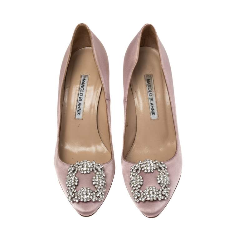 Pre Owned Manolo Blahnik Pink Satin Hangisi Crystal Embellished Pointed Toe Pumps Size 36.5