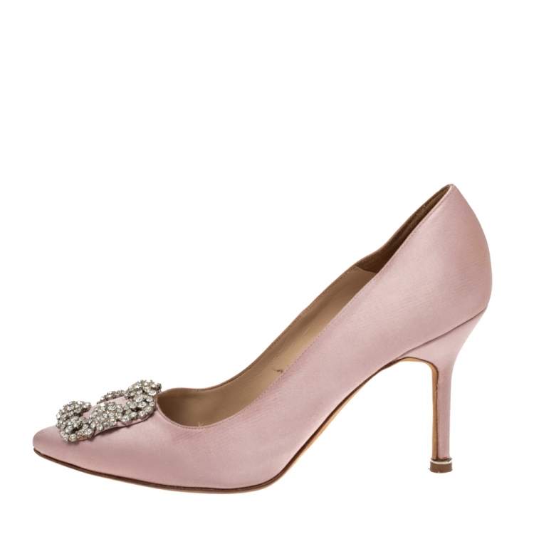 Pre Owned Manolo Blahnik Pink Satin Hangisi Crystal Embellished Pointed Toe Pumps Size 36.5