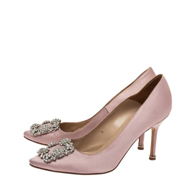 Pre Owned Manolo Blahnik Pink Satin Hangisi Crystal Embellished Pointed Toe Pumps Size 36.5