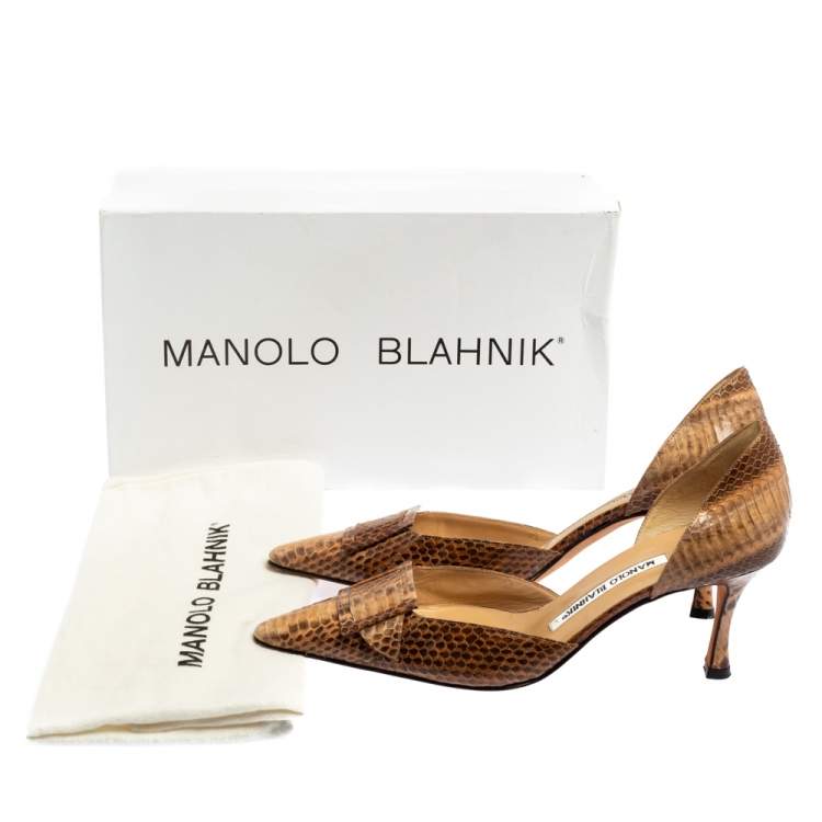 Pre Owned Manolo Blahnik Brown Snakeskin Leather D`Orsay  Pumps Size 37