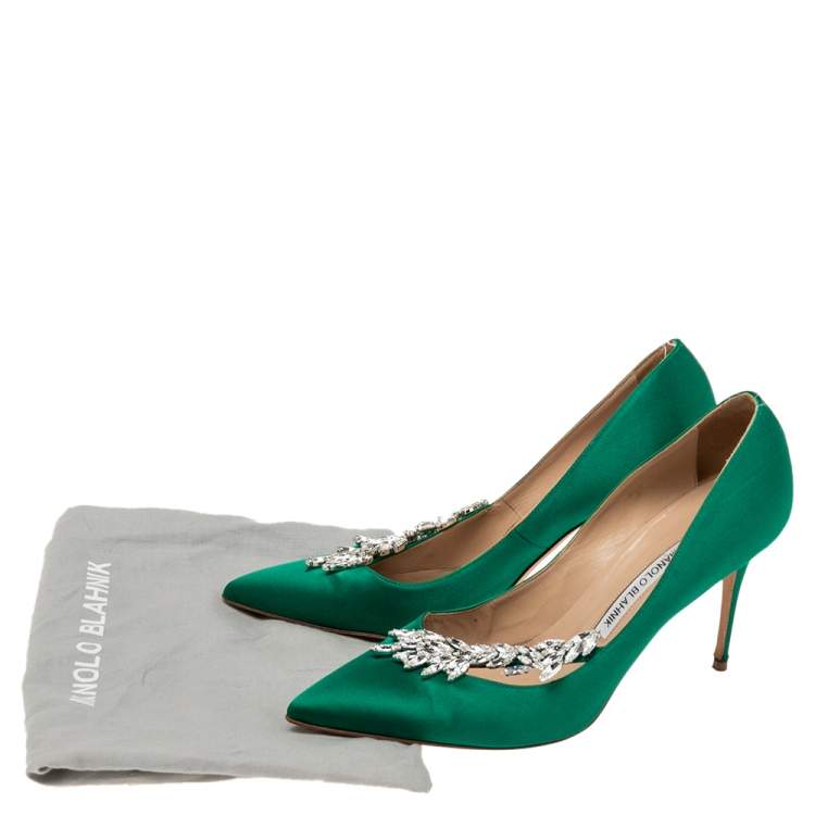 Pre Owned Manolo Blahnik Green Satin Nadira Pumps Size 39.5