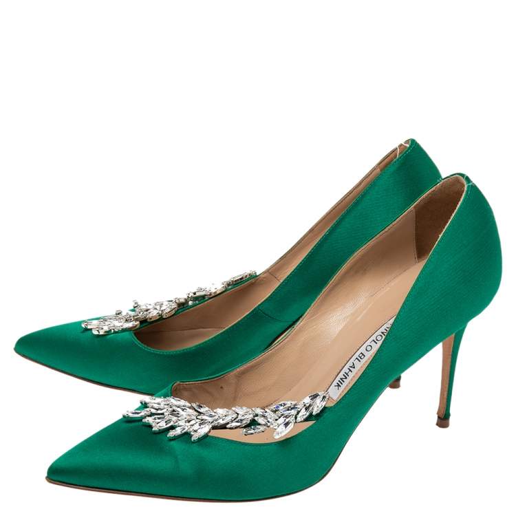 Pre Owned Manolo Blahnik Green Satin Nadira Pumps Size 39.5