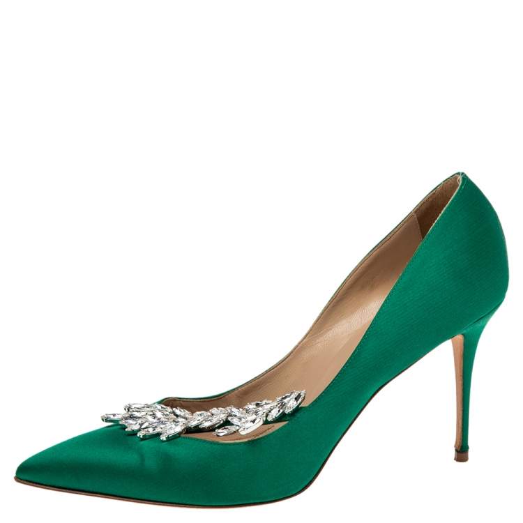 Pre Owned Manolo Blahnik Green Satin Nadira Pumps Size 39.5