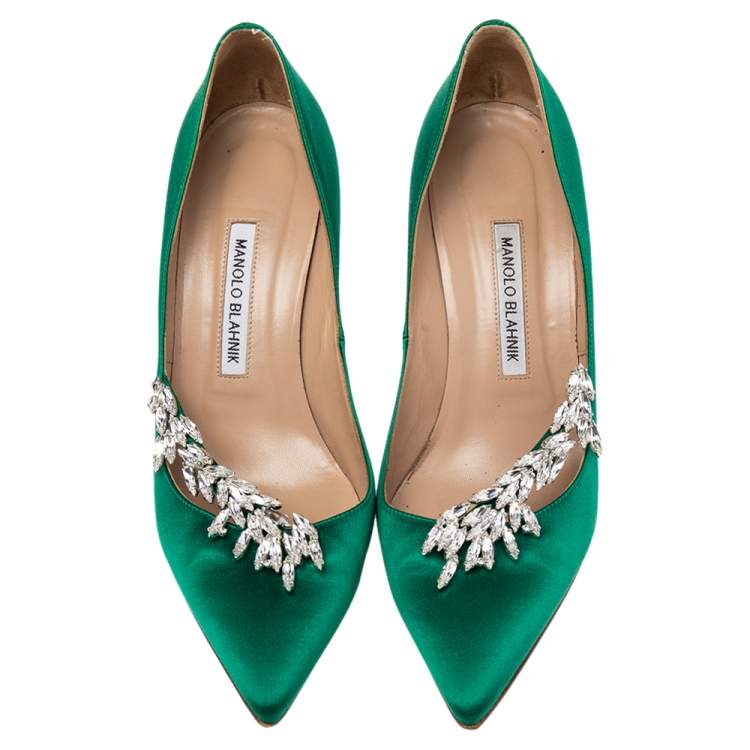 Pre Owned Manolo Blahnik Green Satin Nadira Pumps Size 39.5