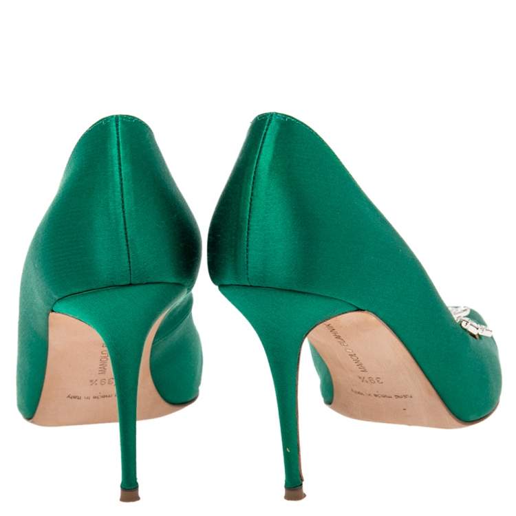 Pre Owned Manolo Blahnik Green Satin Nadira Pumps Size 39.5