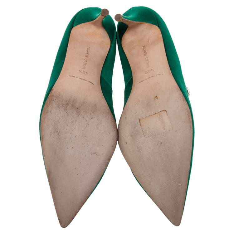 Pre Owned Manolo Blahnik Green Satin Nadira Pumps Size 39.5