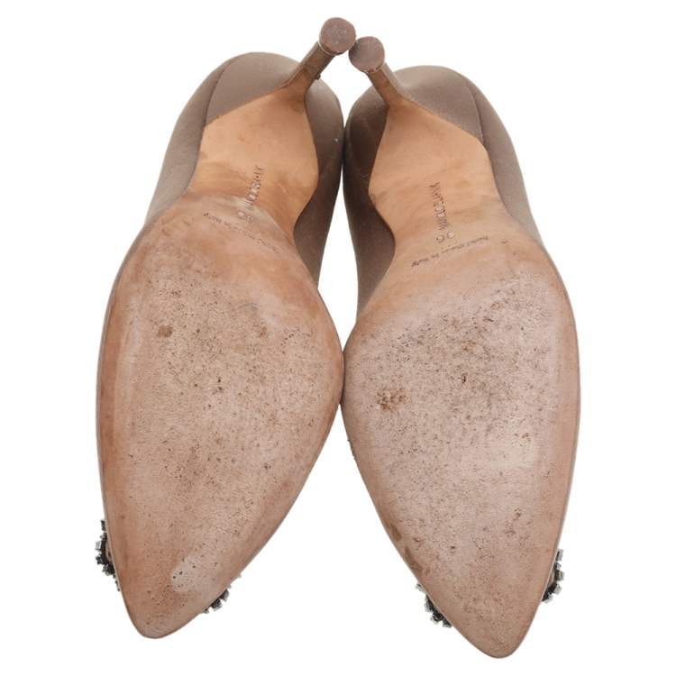 Pre Owned Manolo Blahnik Brown Satin Hangisi Embellished Pointed Toe Pumps Size 36