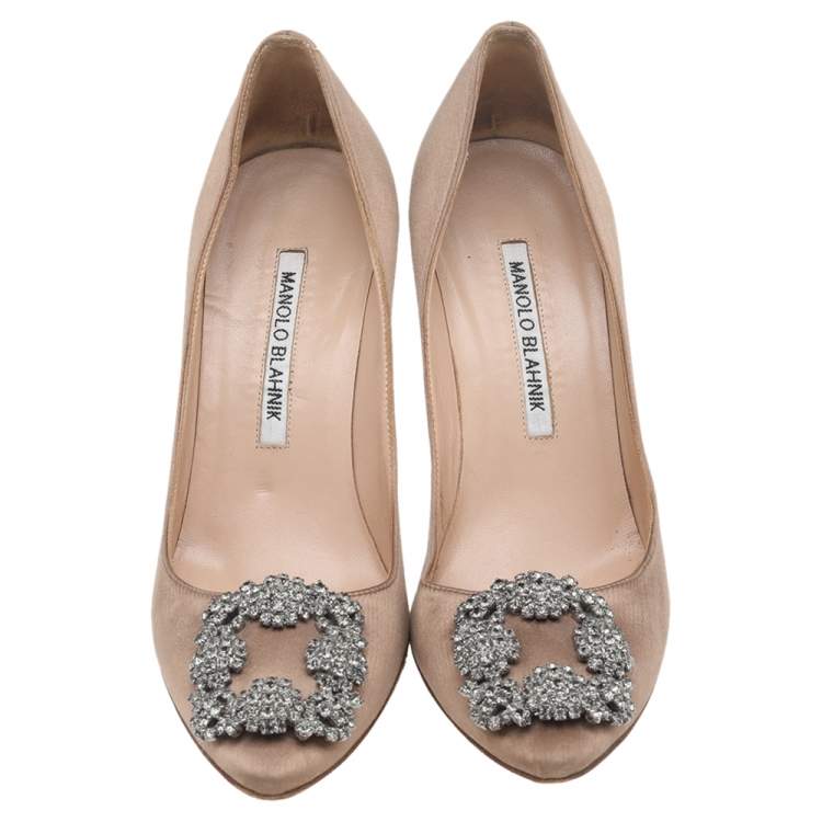 Pre Owned Manolo Blahnik Brown Satin Hangisi Embellished Pointed Toe Pumps Size 36