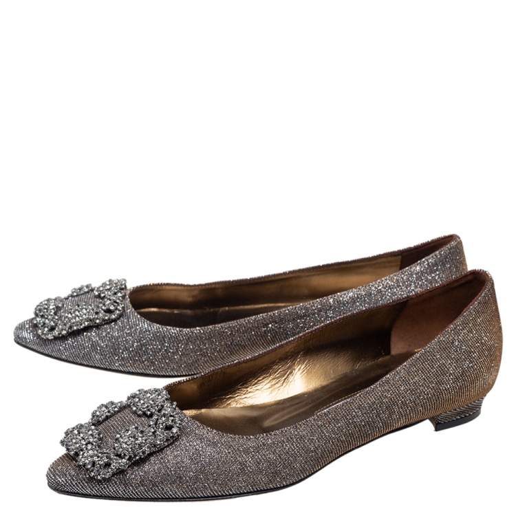 Pre Owned Manolo Blahnik Silver Glitter Fabric Hangisi Flats size 35