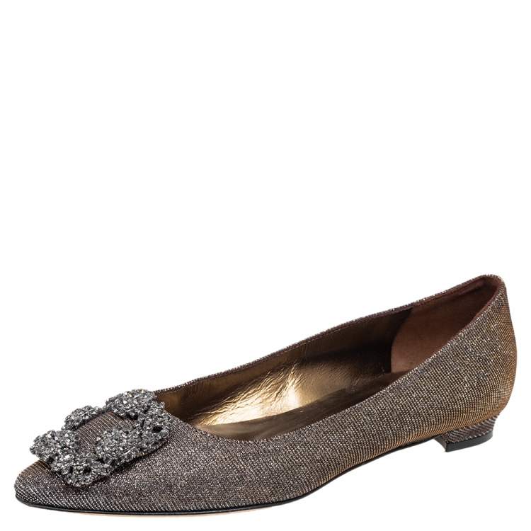 Pre Owned Manolo Blahnik Silver Glitter Fabric Hangisi Flats size 35