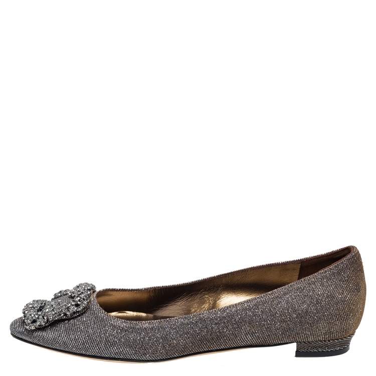 Pre Owned Manolo Blahnik Silver Glitter Fabric Hangisi Flats size 35