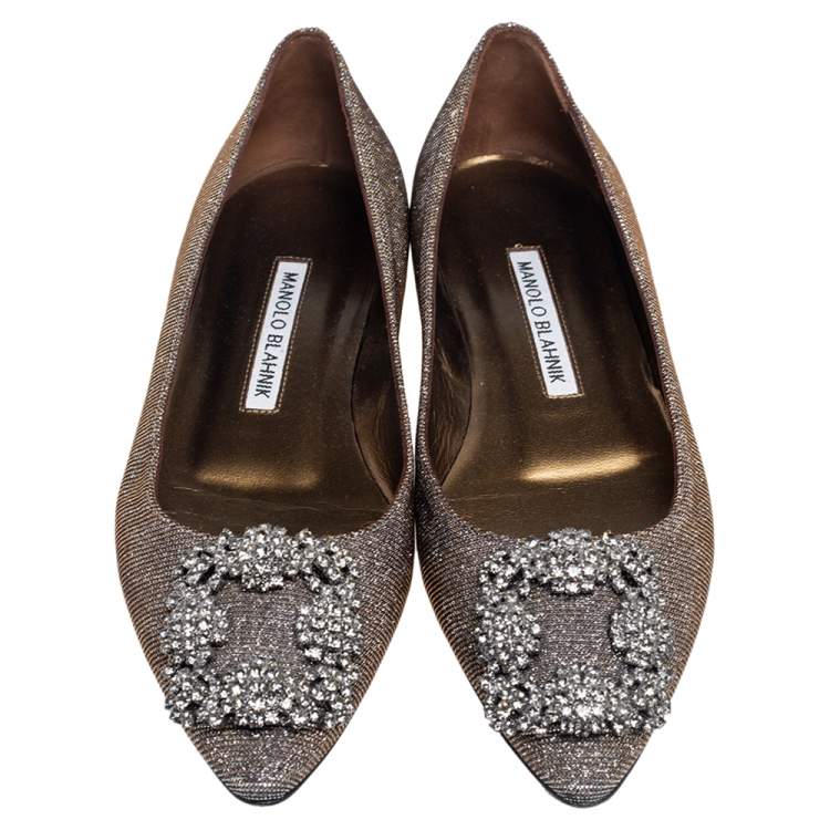 Pre Owned Manolo Blahnik Silver Glitter Fabric Hangisi Flats size 35