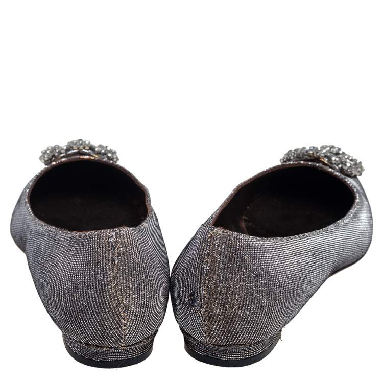 Pre Owned Manolo Blahnik Silver Glitter Fabric Hangisi Flats size 35
