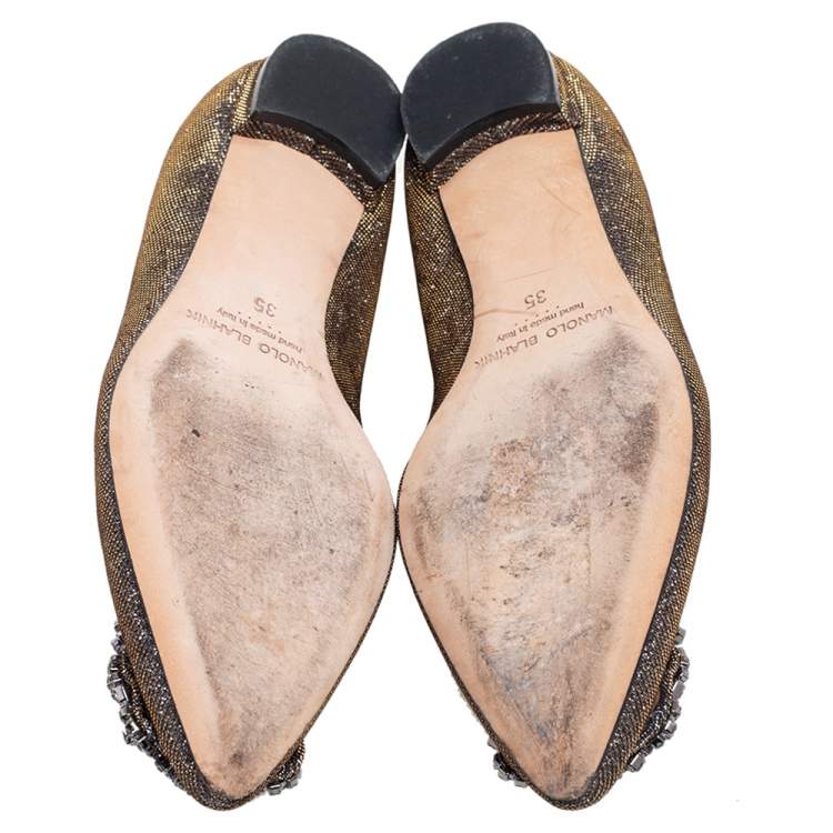 Pre Owned Manolo Blahnik Silver Glitter Fabric Hangisi Flats size 35