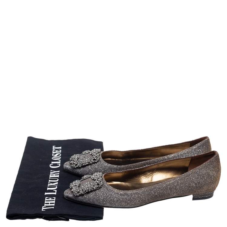 Pre Owned Manolo Blahnik Silver Glitter Fabric Hangisi Flats size 35