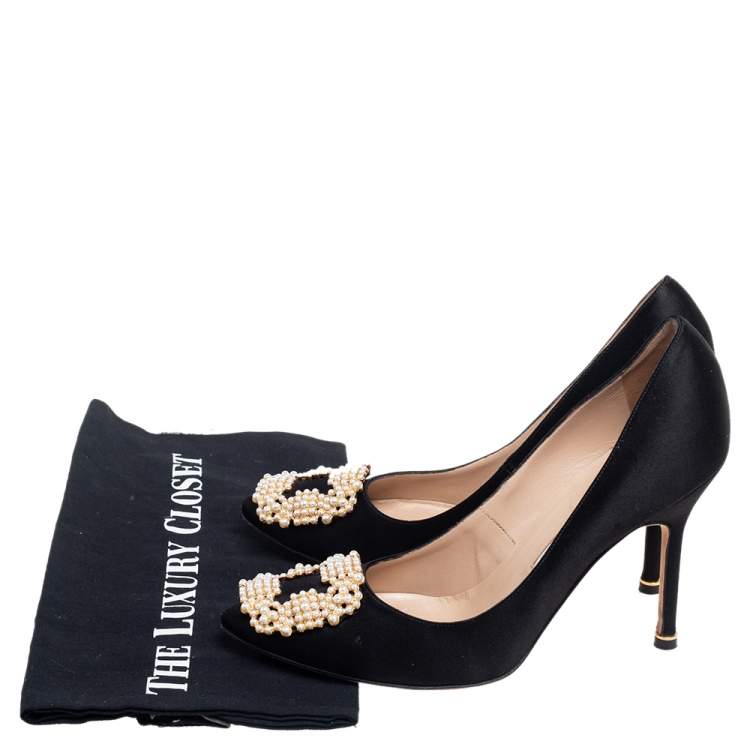 Pre Owned Manolo Blahnik Black Satin Pearl Embellished Hangisi Pumps Size 37.5