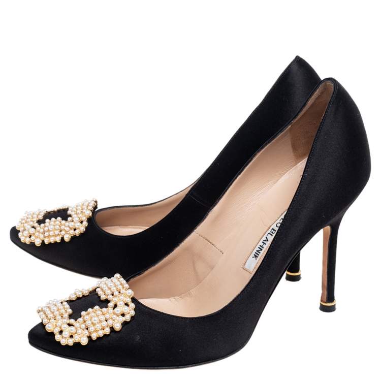 Pre Owned Manolo Blahnik Black Satin Pearl Embellished Hangisi Pumps Size 37.5