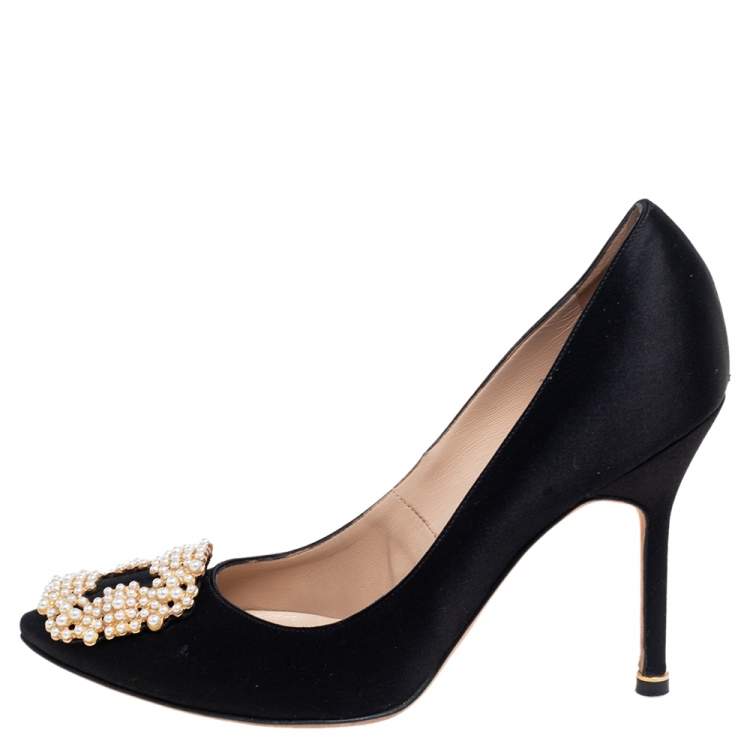 Pre Owned Manolo Blahnik Black Satin Pearl Embellished Hangisi Pumps Size 37.5