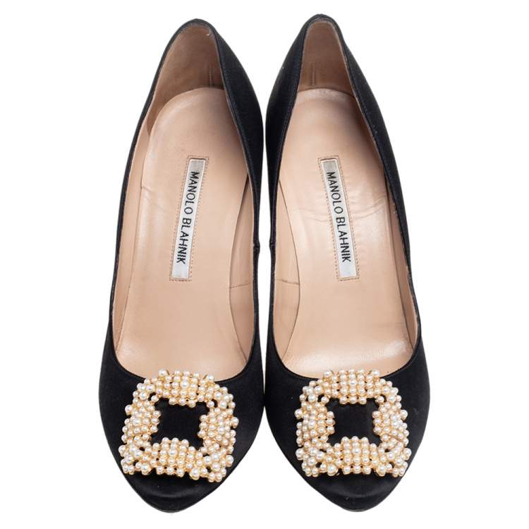 Pre Owned Manolo Blahnik Black Satin Pearl Embellished Hangisi Pumps Size 37.5