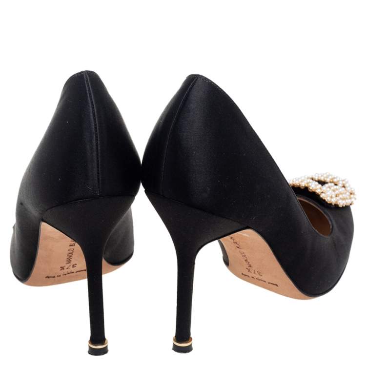 Pre Owned Manolo Blahnik Black Satin Pearl Embellished Hangisi Pumps Size 37.5