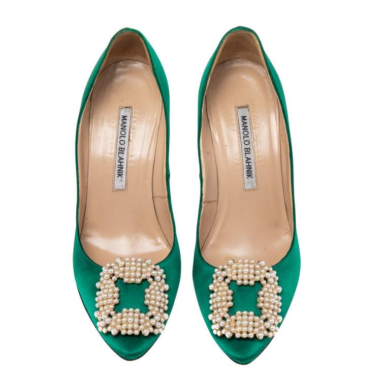 Pre Owned Manolo Blahnik  Green Satin Hangisi Pumps Size 37