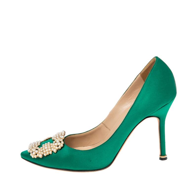 Pre Owned Manolo Blahnik  Green Satin Hangisi Pumps Size 37