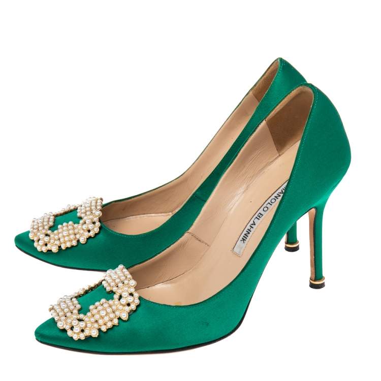 Pre Owned Manolo Blahnik  Green Satin Hangisi Pumps Size 37