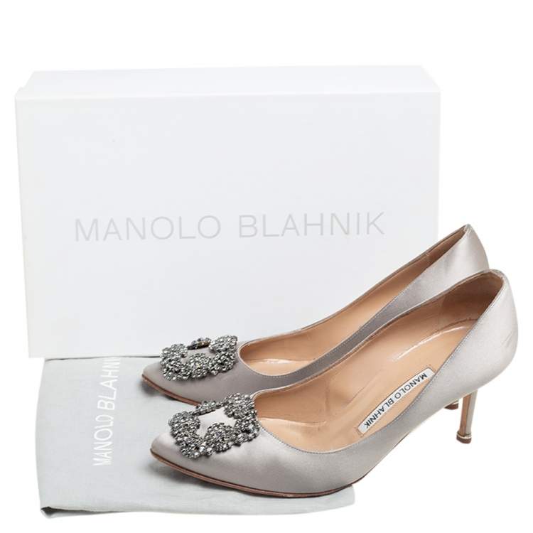 Pre Owned Manolo Blahnik Grey Satin Hangisi Pumps Size 37